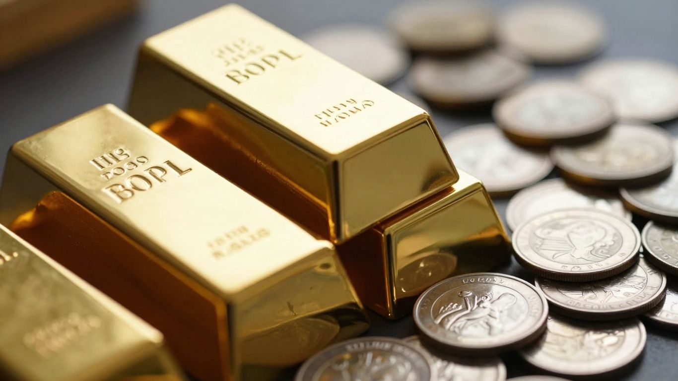 閃亮的金條和銀幣。