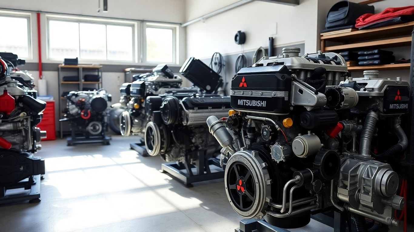 Various Mitsubishi engines for sale in a garage.