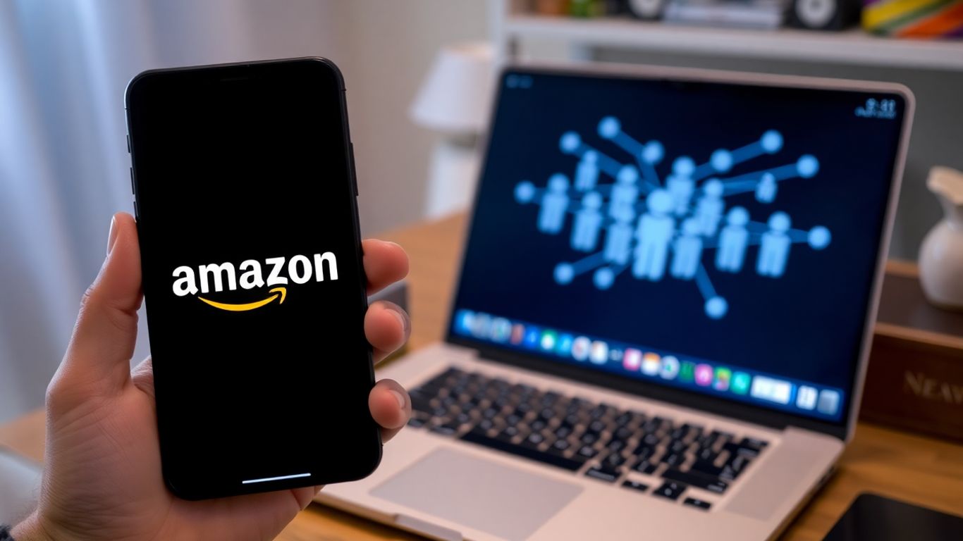 Person with Amazon logo on phone, network graphic on laptop.