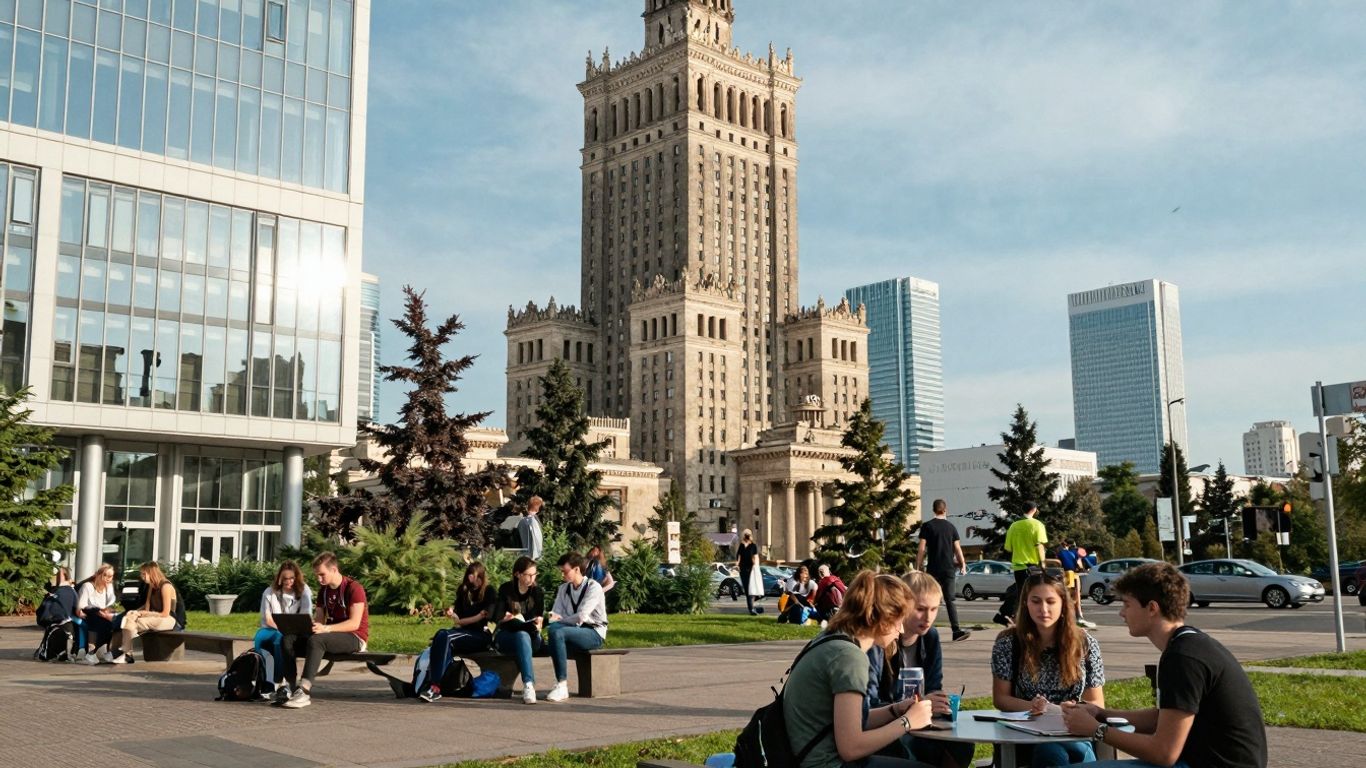 Studenci na tle warszawskich uczelni i zabytków.