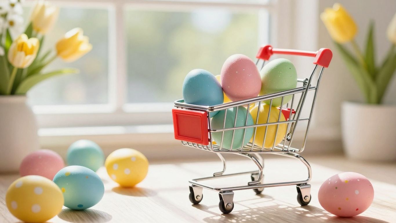 Easter eggs, flowers, and shopping cart with sale items.
