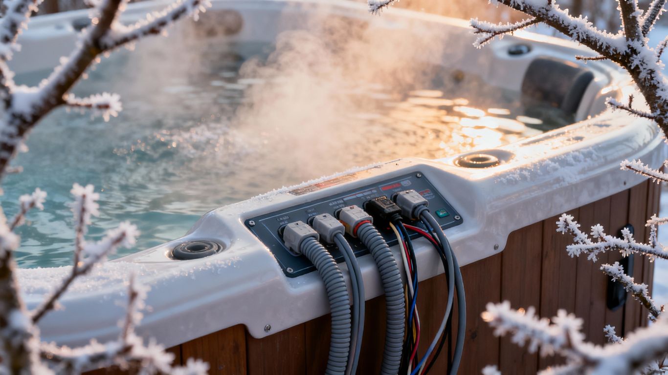 Hot tub wiring detail with steam and frost.