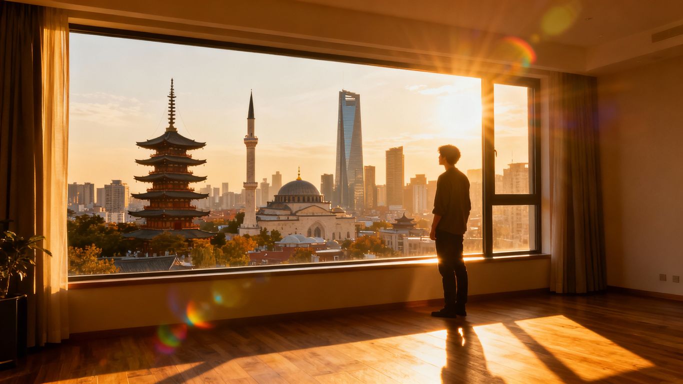 Person looking out window at diverse cityscape, new perspectives.