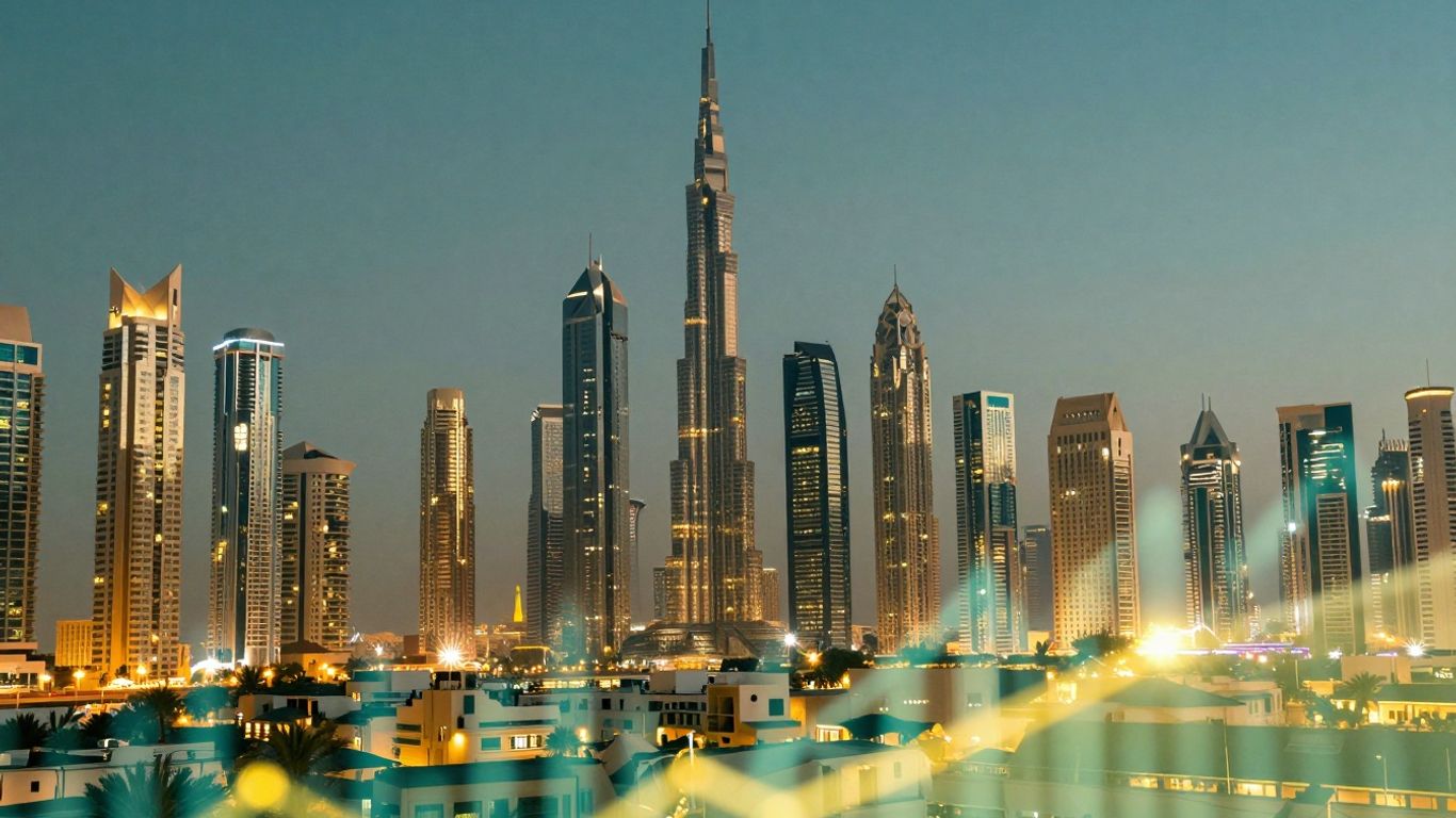 Dubai skyline with digital growth elements.