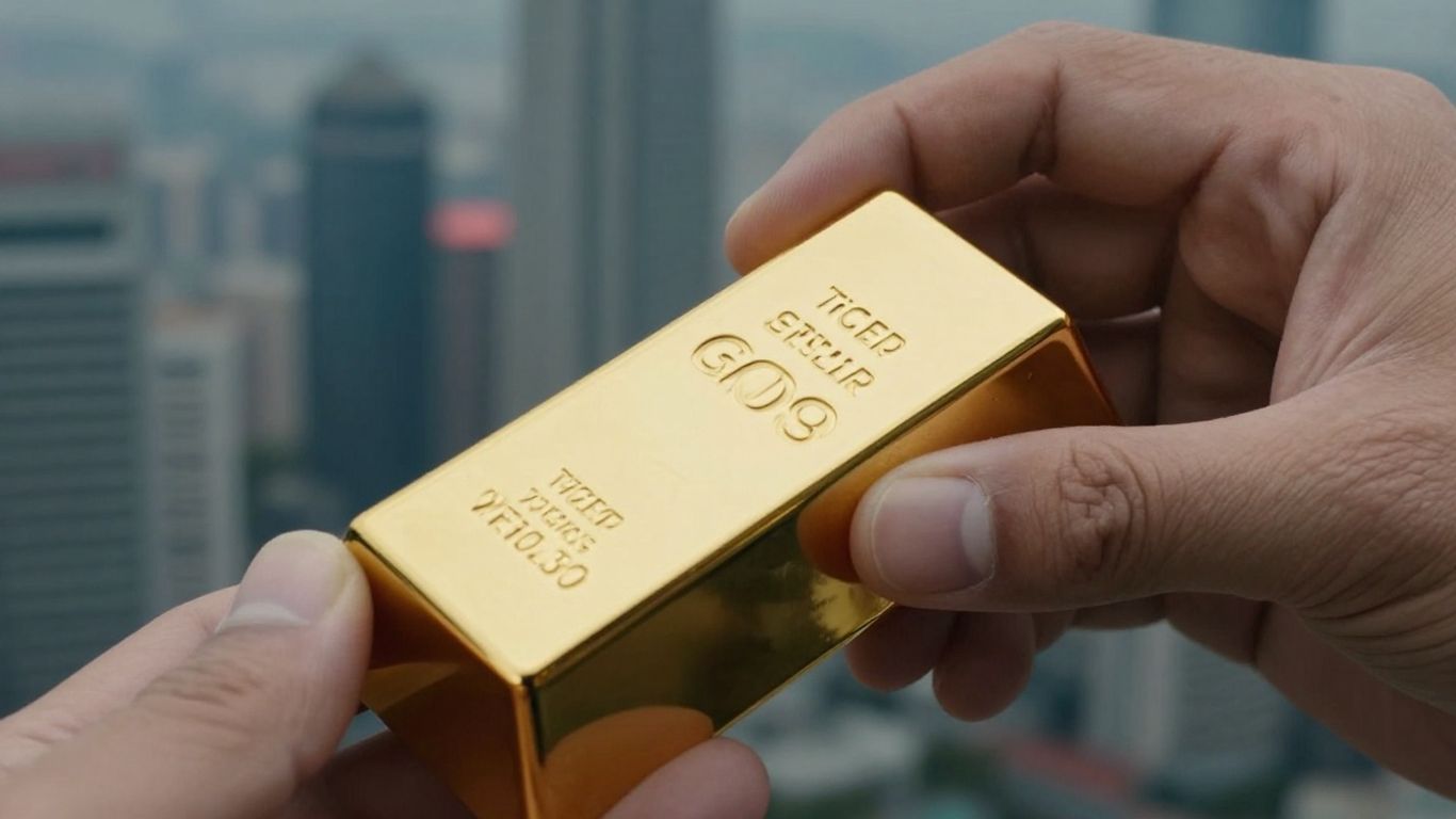 一只金手握着一根金条，模糊的金融地平线。