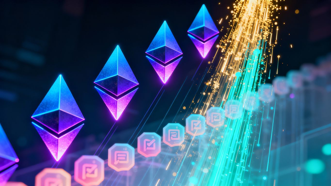 Ethereum logos rising as validator queue disappears.