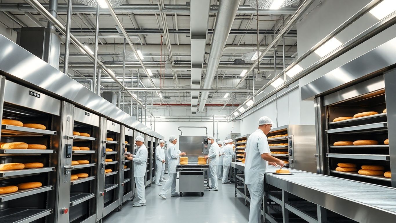 Saubere Großbäckerei mit Arbeitern und Ausrüstung