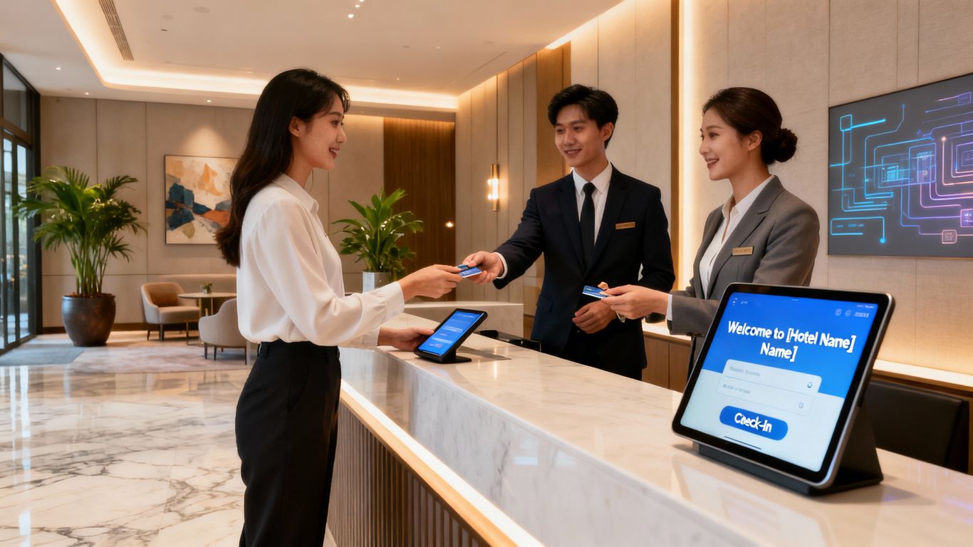 Hotel lobby with technology and guest services
