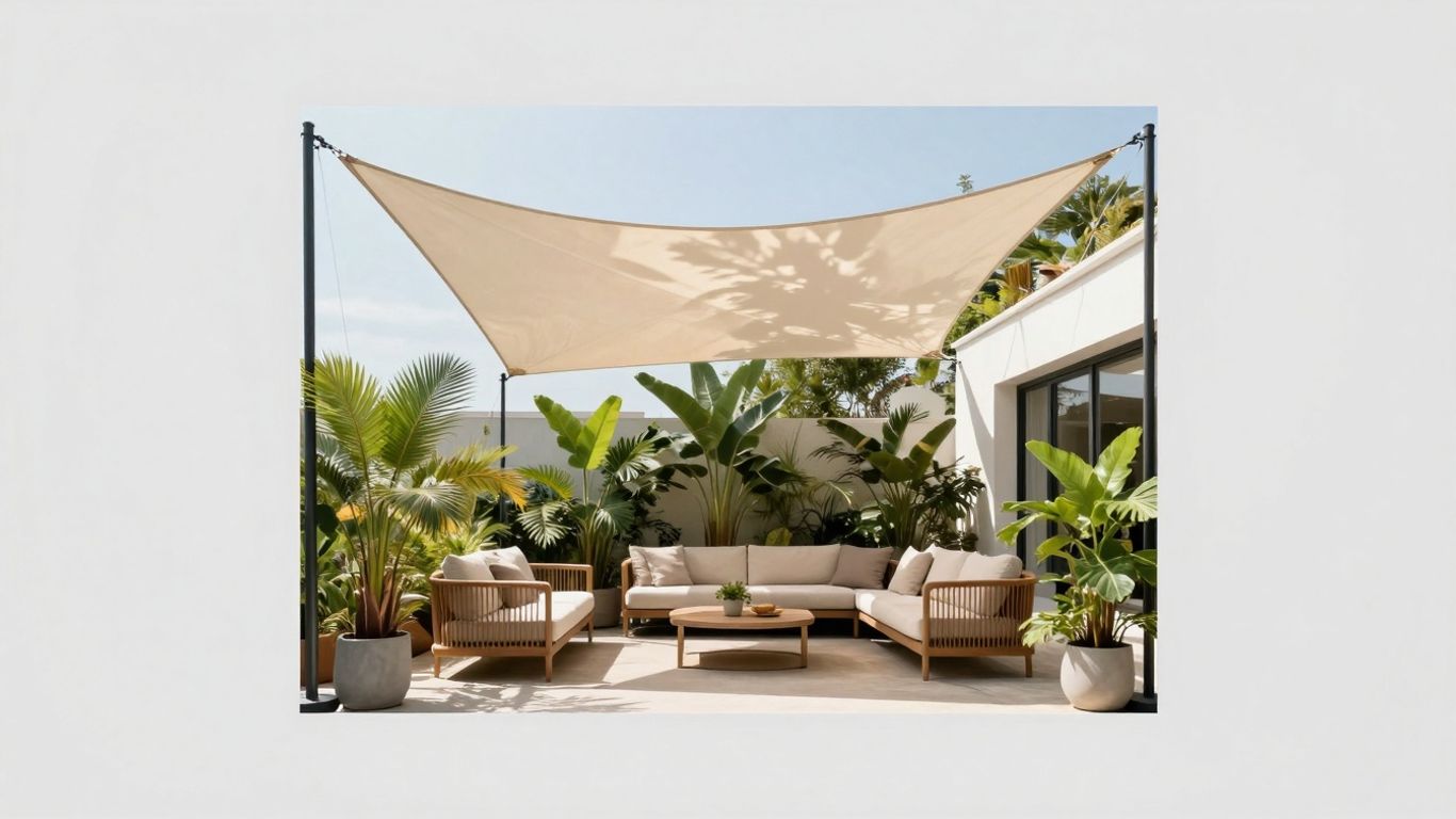 Modern patio with a triangular sun shade sail.