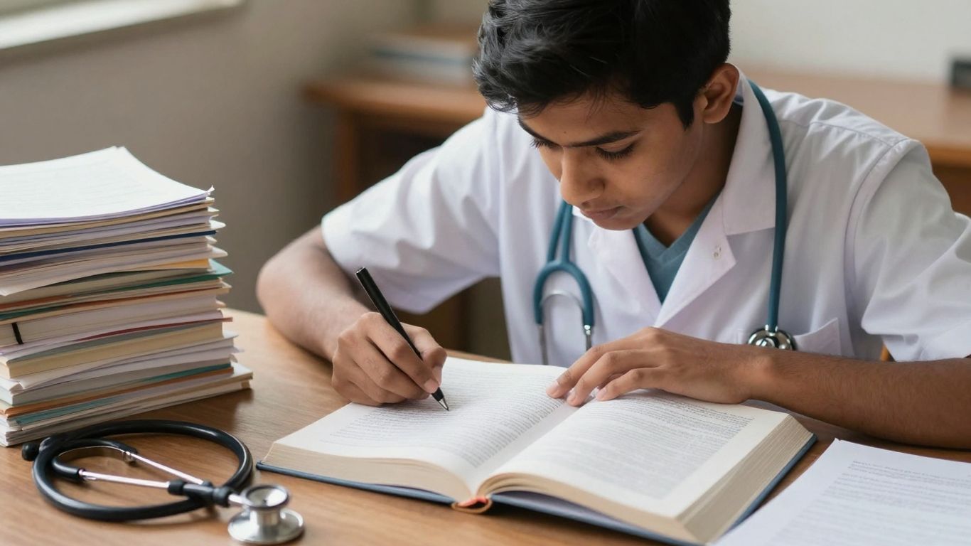 Student studying medical notes for CNA exam.