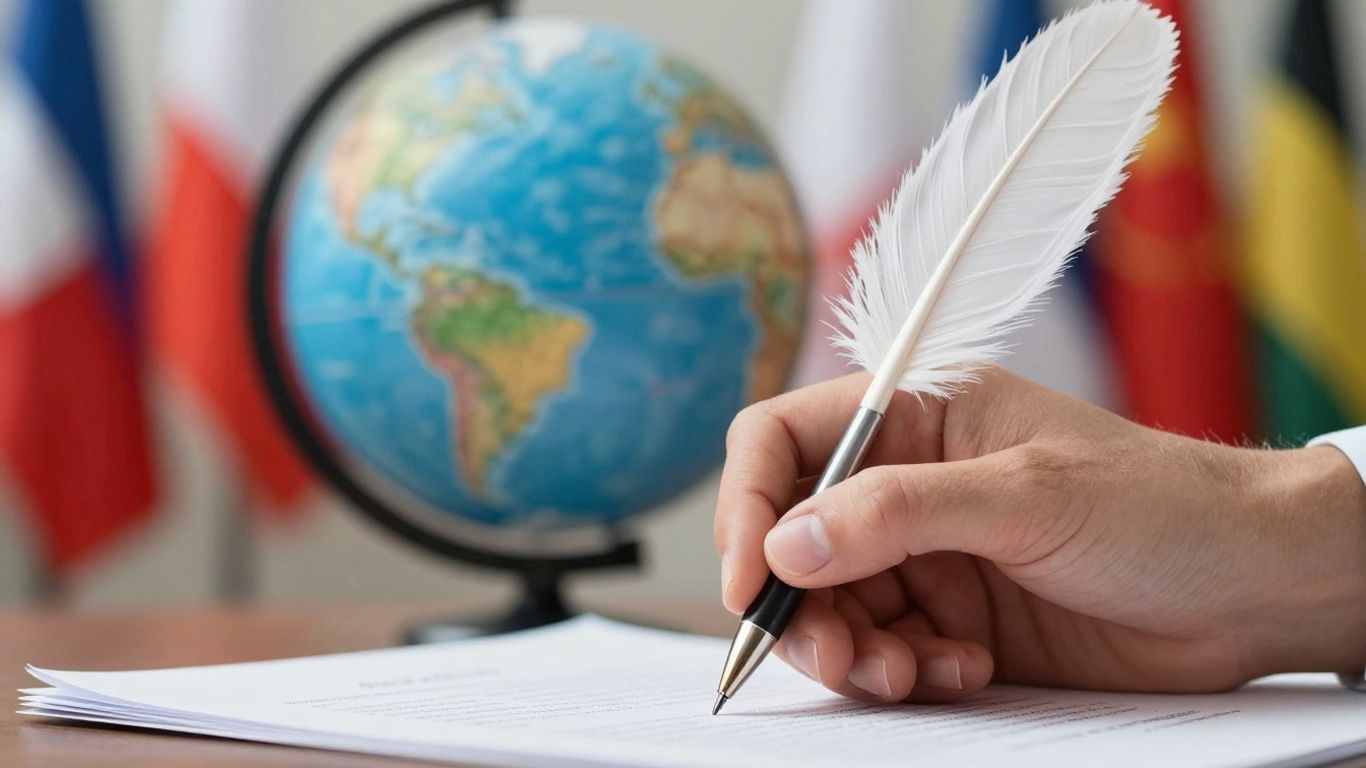 Semnarea unui tratat internațional cu o pană.