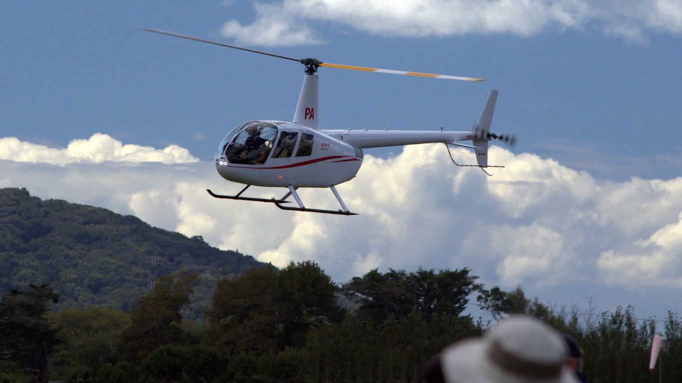 Helicopter takes off above the trees.