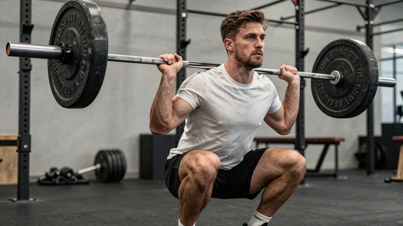 Fotbalist făcând exerciții de forță în sală.