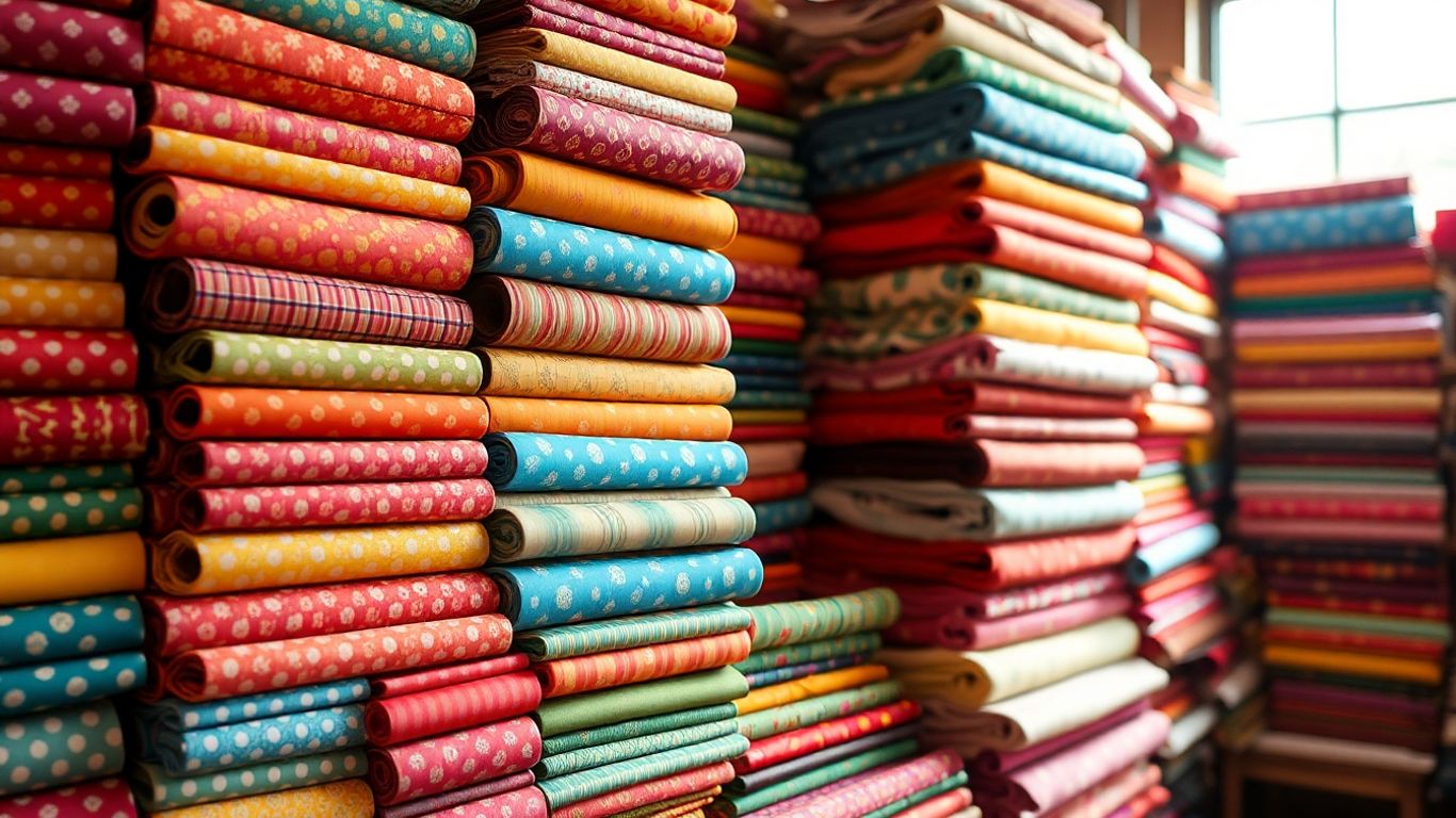 Colorful fabric bolts stacked neatly, suggesting savings.