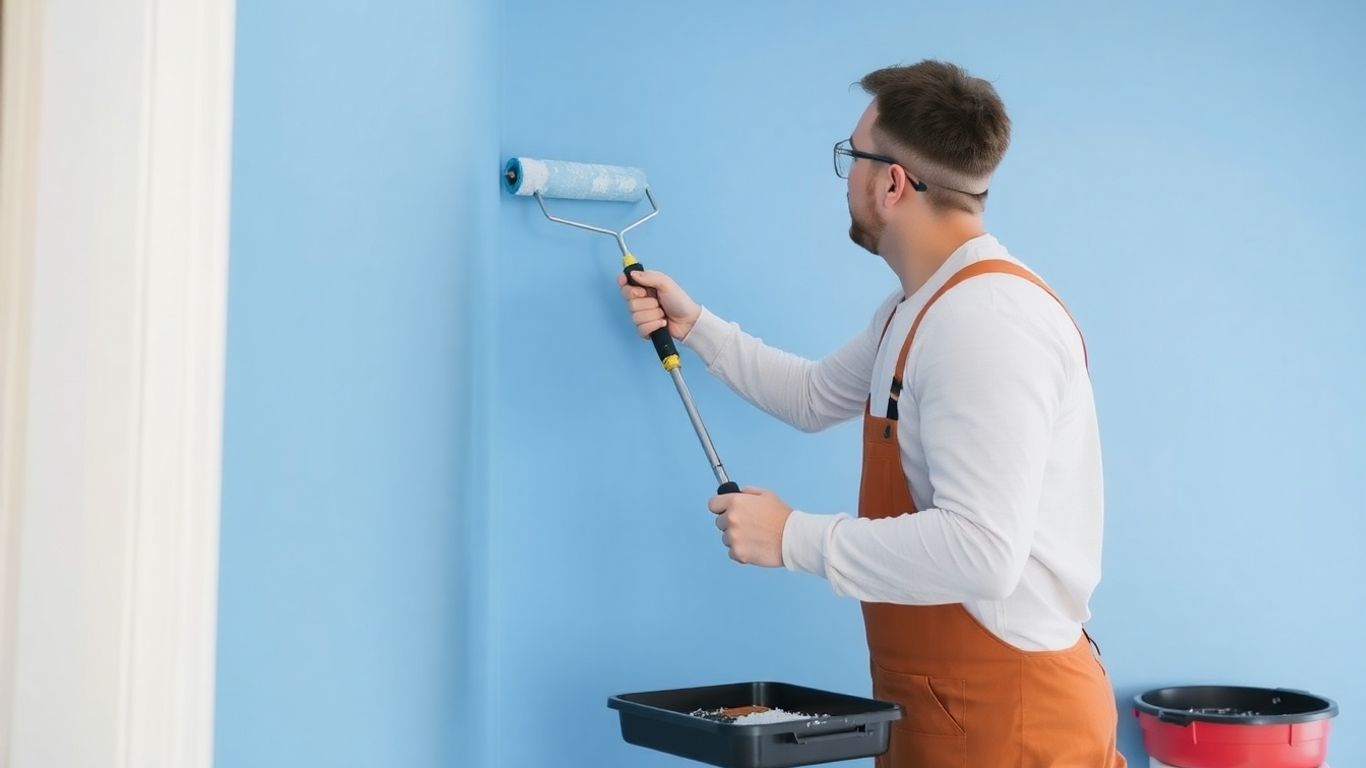 Painter applying blue paint to interior wall with roller.