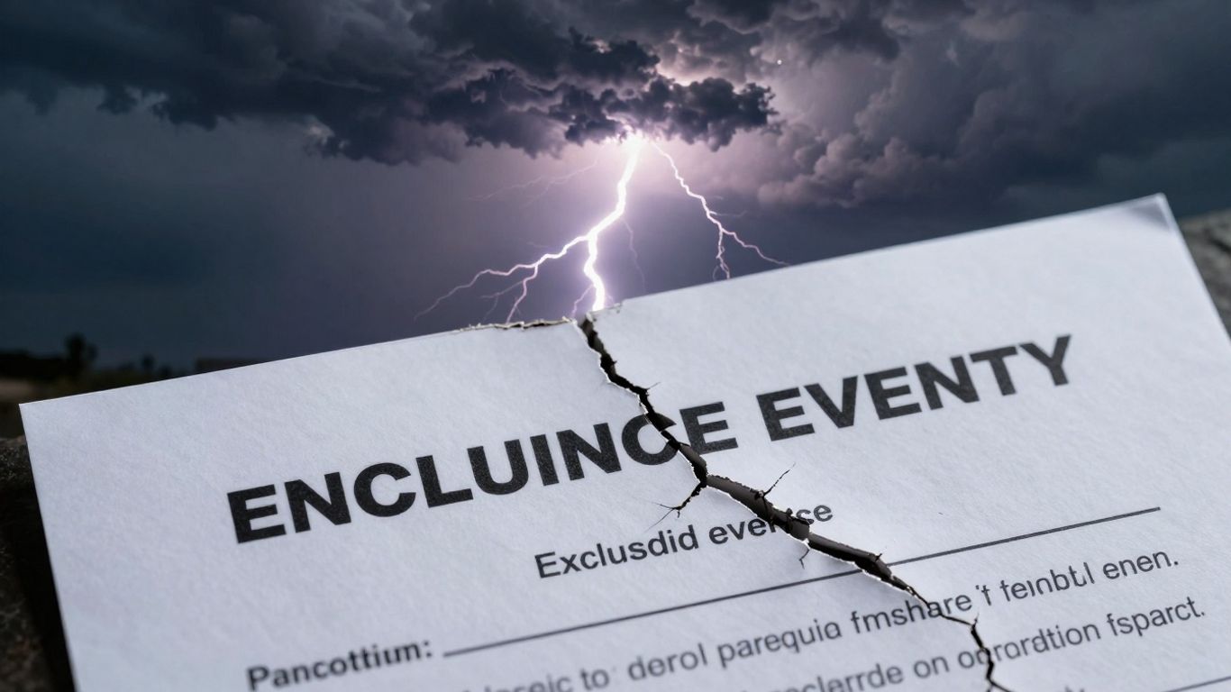 Cracked insurance policy under a stormy sky with lightning.