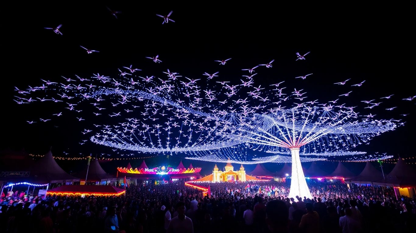Drone light show above Indonesian festival at night.