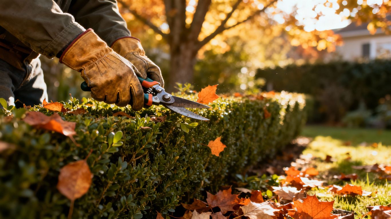 Gardener trimming hedge with shears in autumn garden