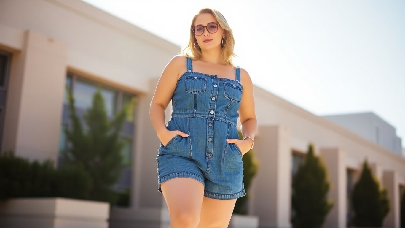 Plus size woman in a stylish denim romper outdoors.