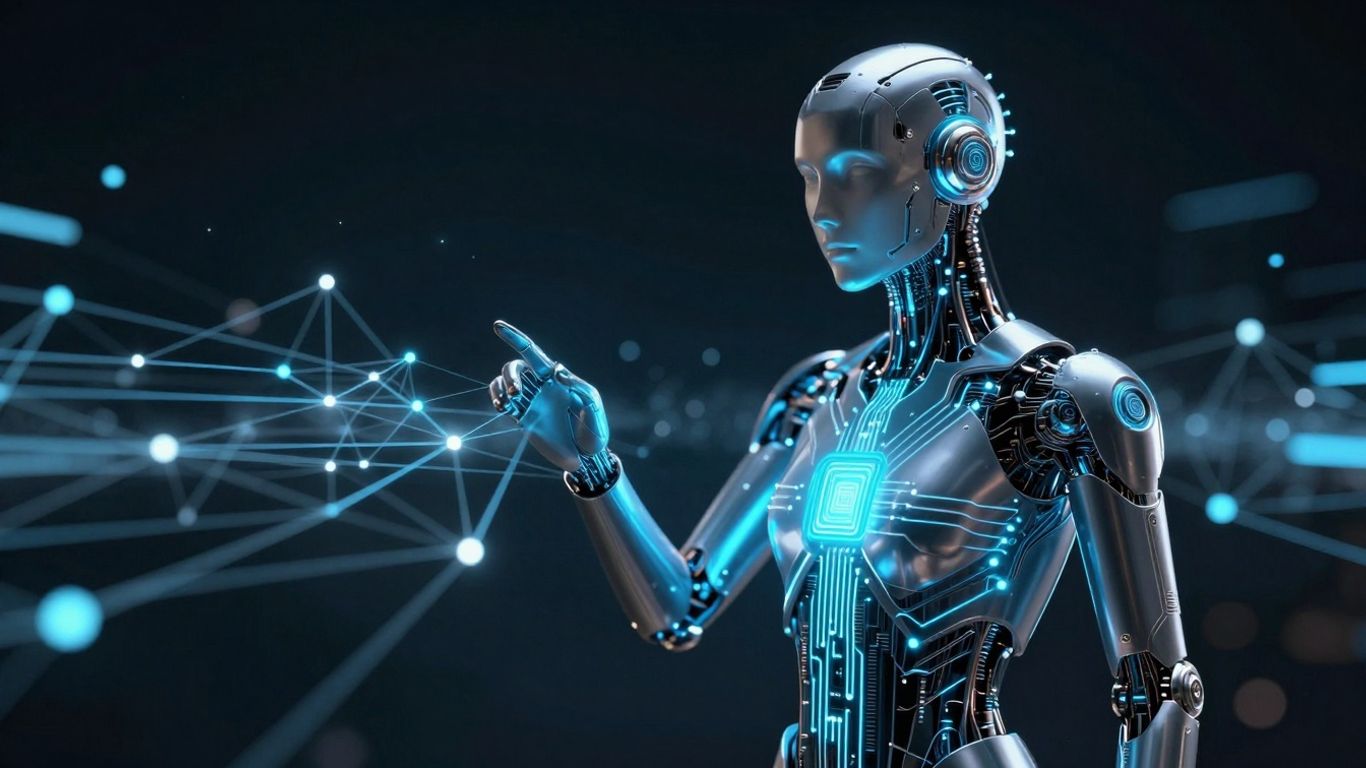 Futuristic AI agent interacting with data network.