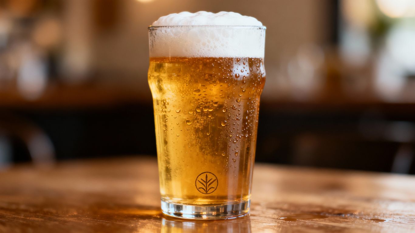 Camden Jack pint glass filled with beer.