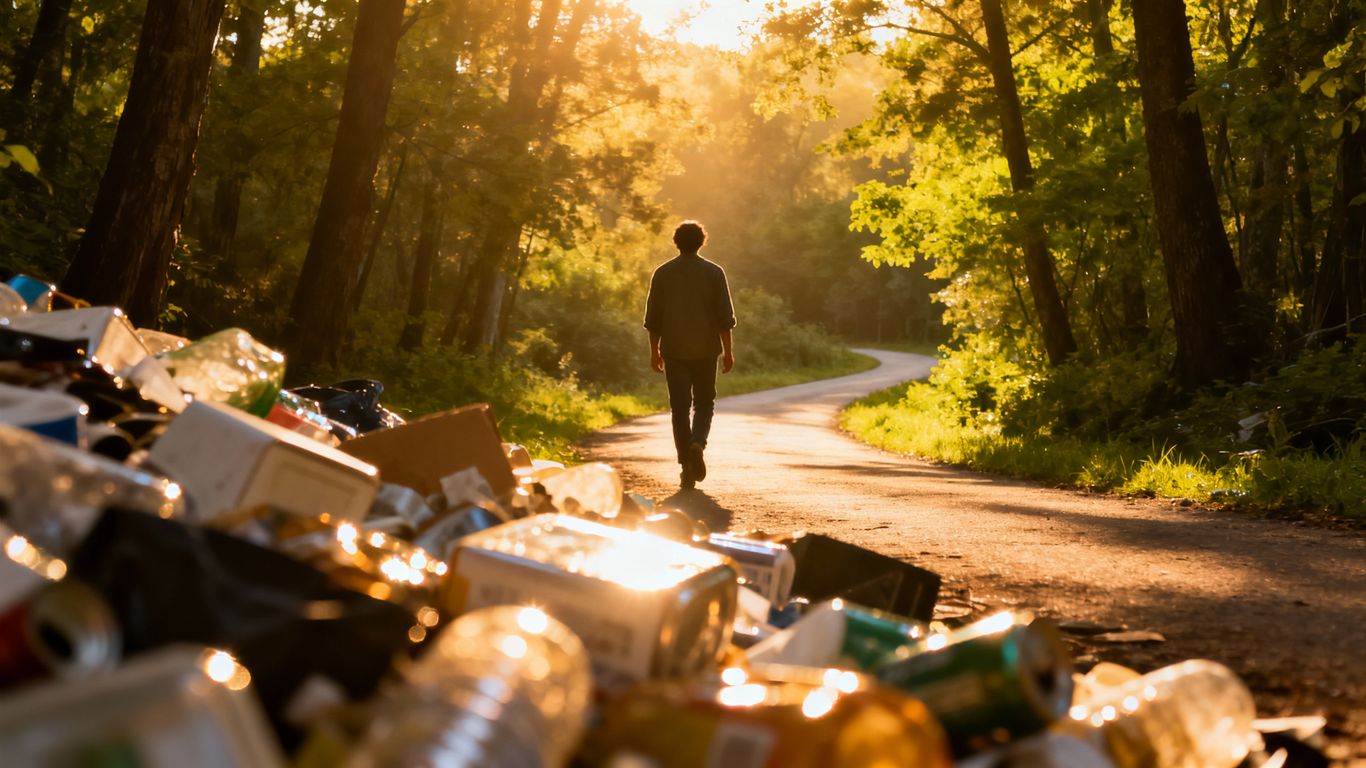Person leaving materialism for a path in nature.