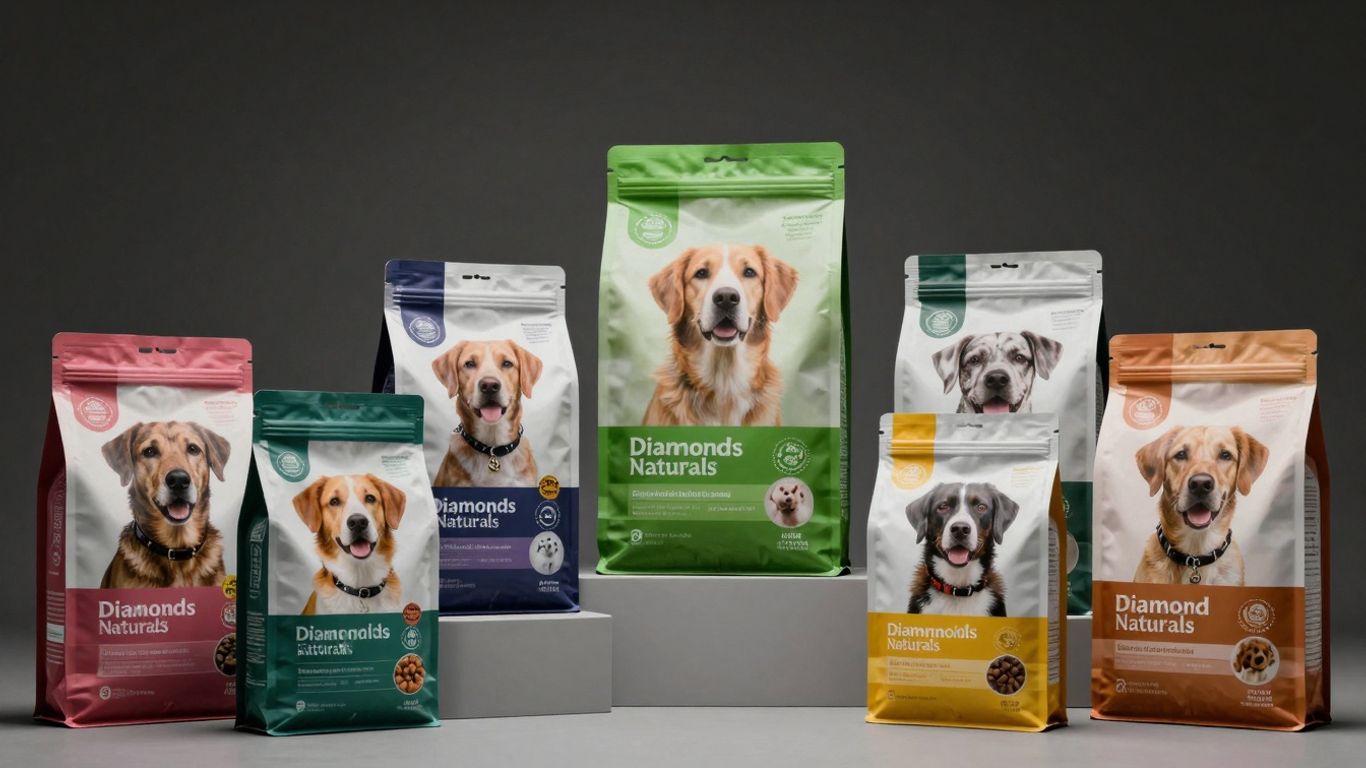 Diamond Naturals dog food bags with various formulas.