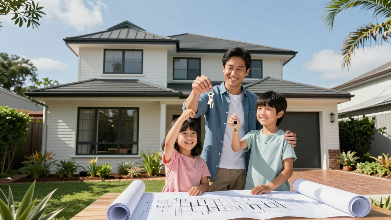 Family with keys outside Queenslander home.