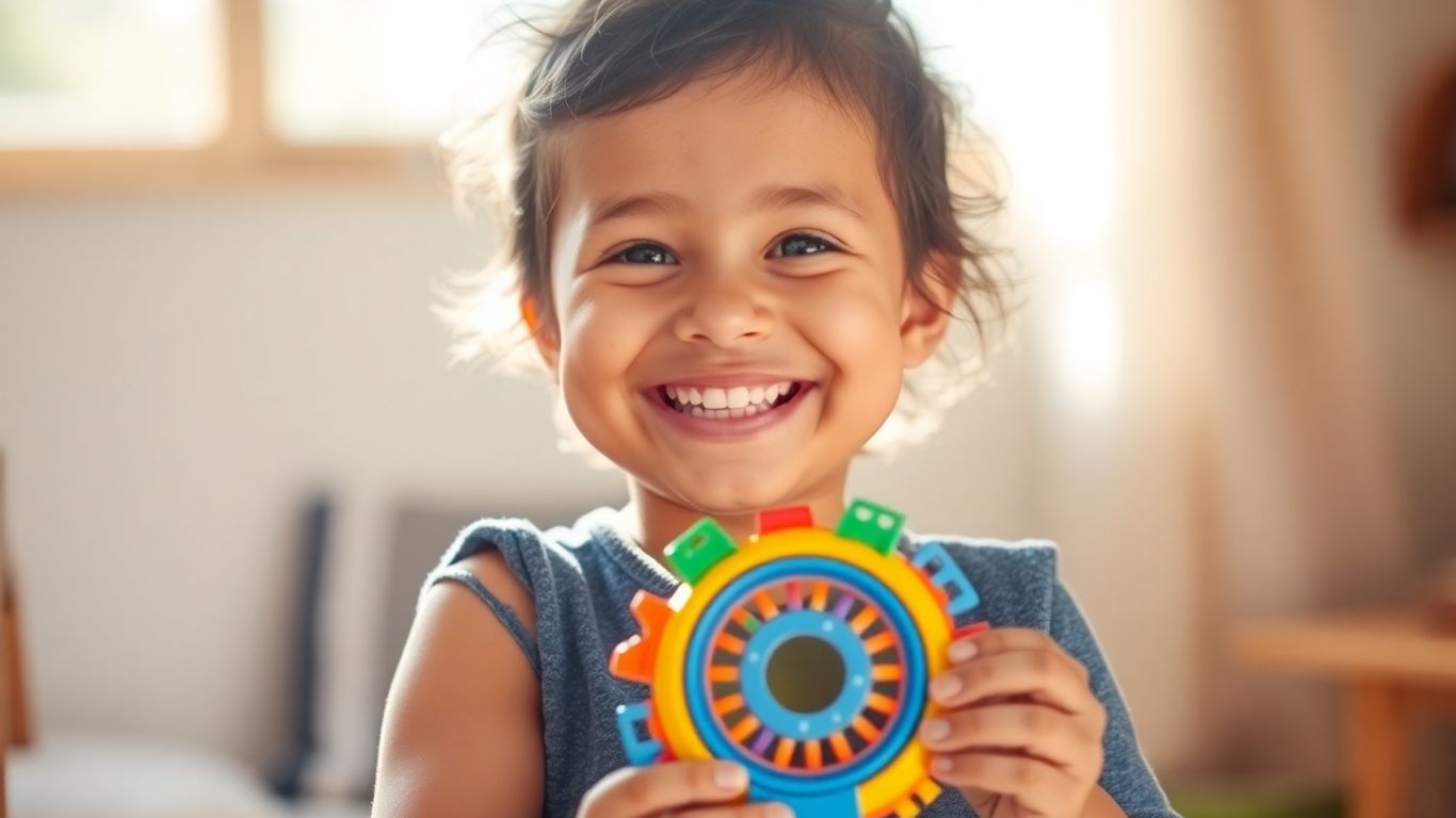 Child happily plays with a self-reliance toy.
