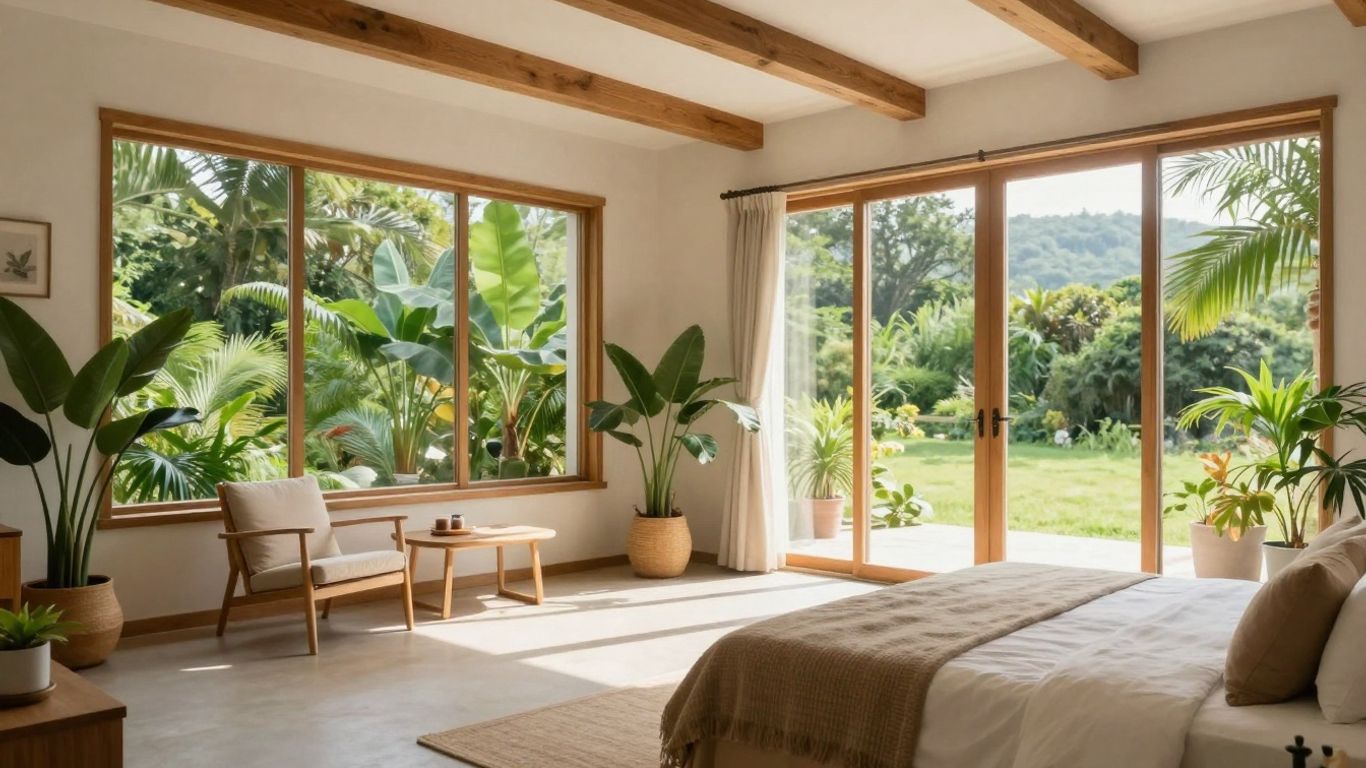 Sustainable Airbnb interior with plants and natural light.