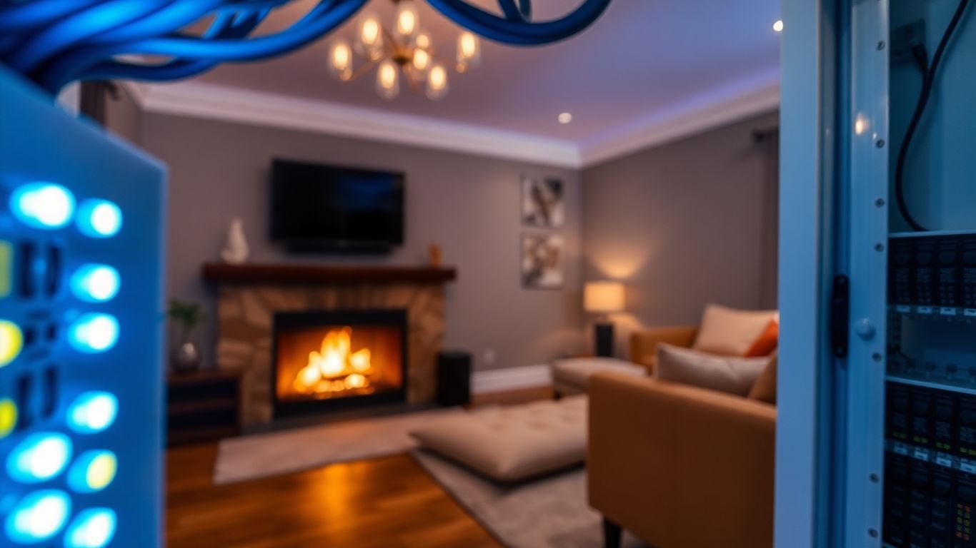 Modern electrical panel with cozy home interior background.