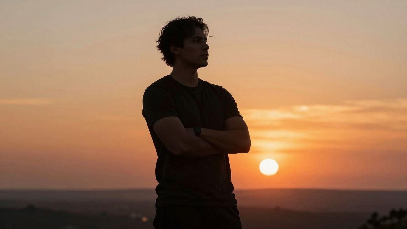 Femeie stând încrezătoare, cu brațele încrucișate, la apus.