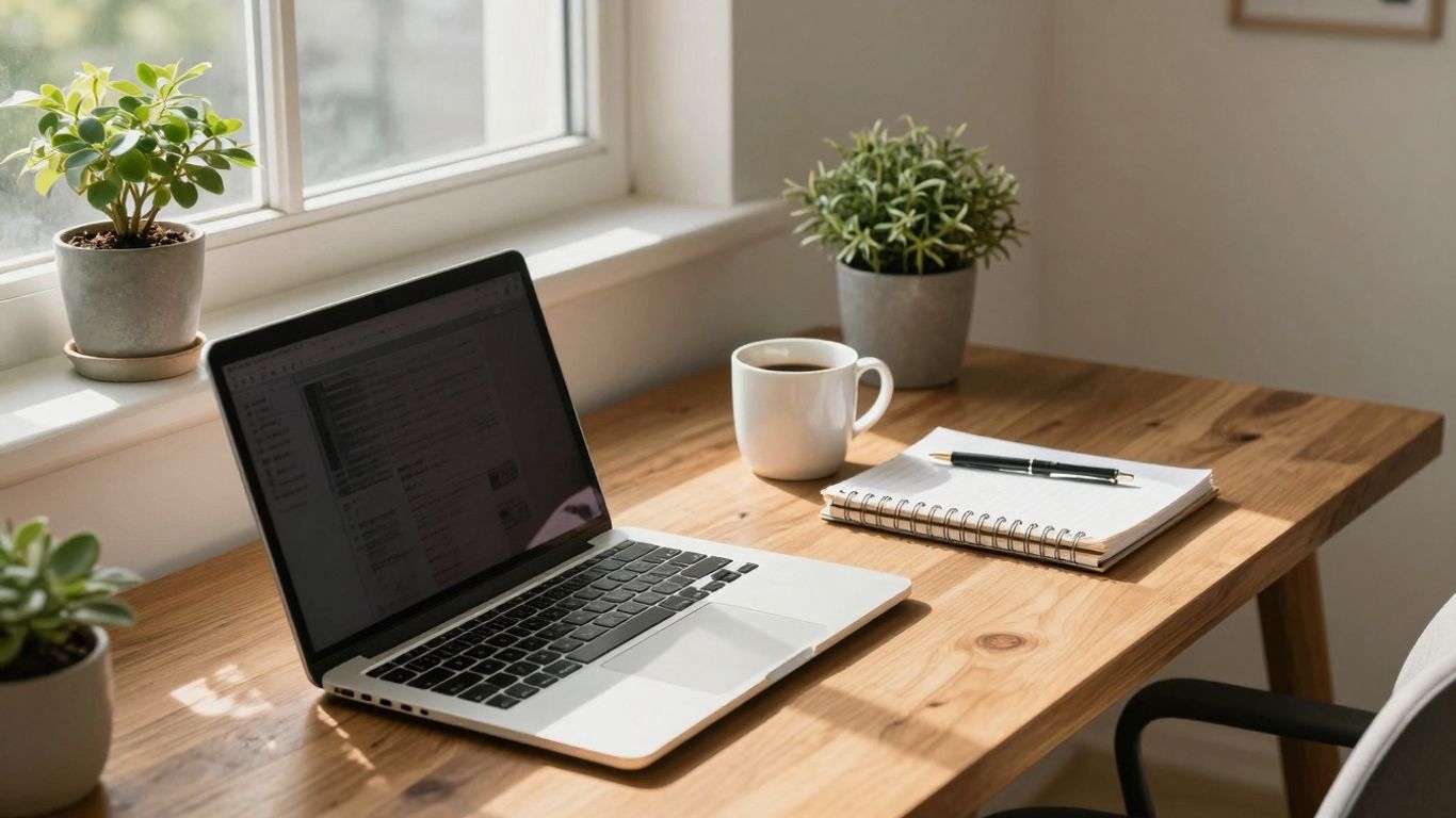 Home office with laptop, sunlight, and plant.