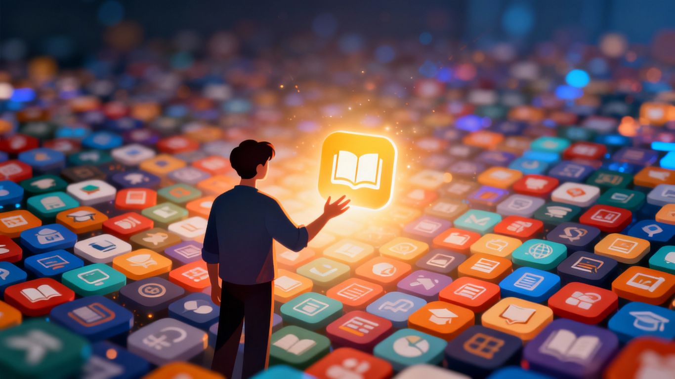 Person choosing a glowing course icon from many.