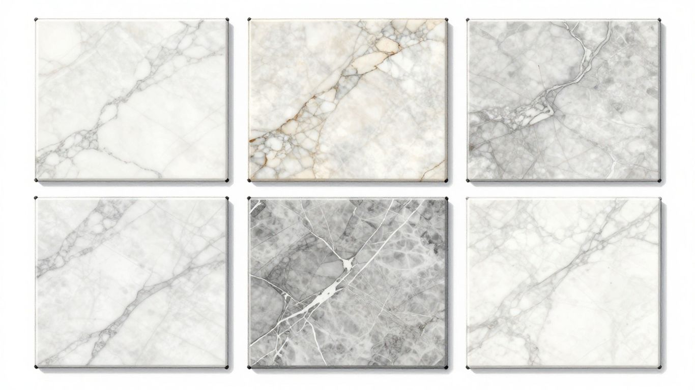 Marble tile samples in various shades and patterns.