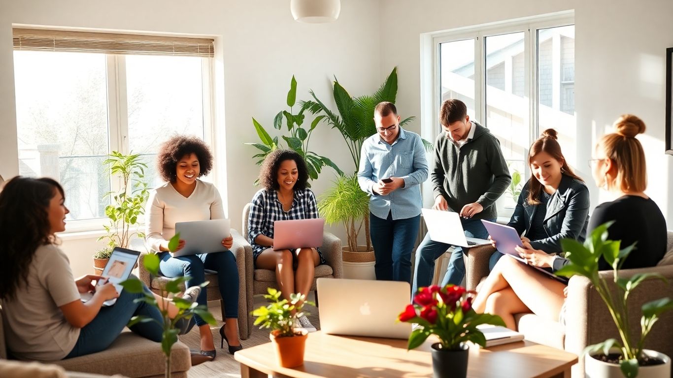 Profissionais colaborando em escritórios domésticos modernos e flexíveis.
