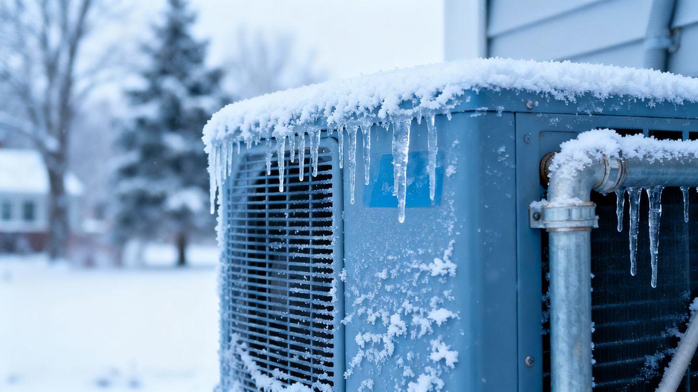 Home furnace with frost and icicles in winter.