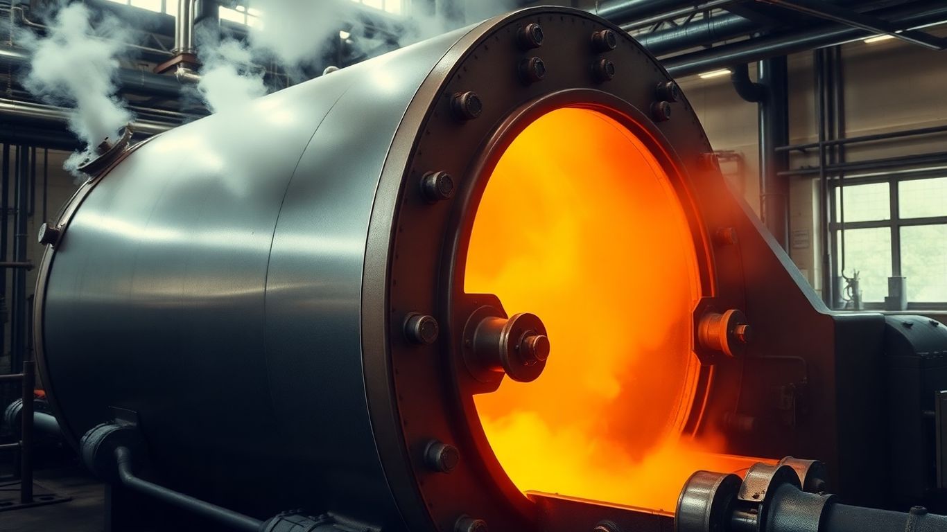 Industrial steam boiler with visible heat and steam.