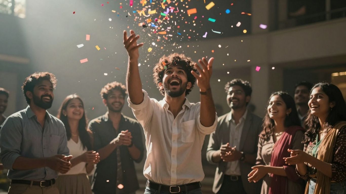 People celebrating small wins with confetti and smiles.