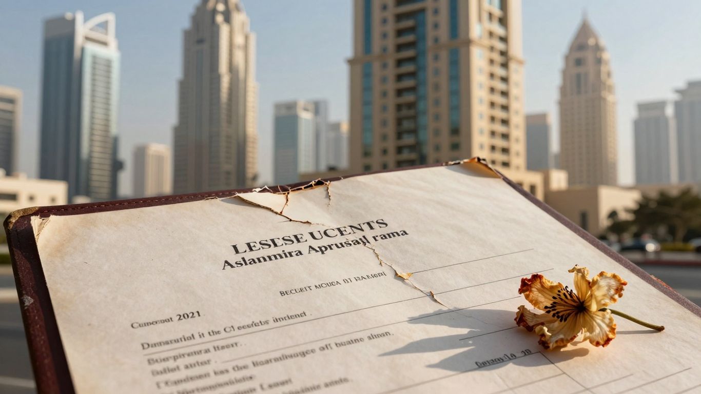 Dubai skyline with a cracked lease document.