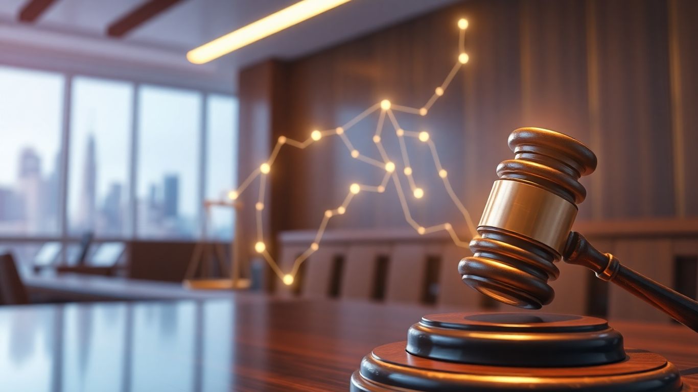 Digital blockchain network connecting courtroom elements.