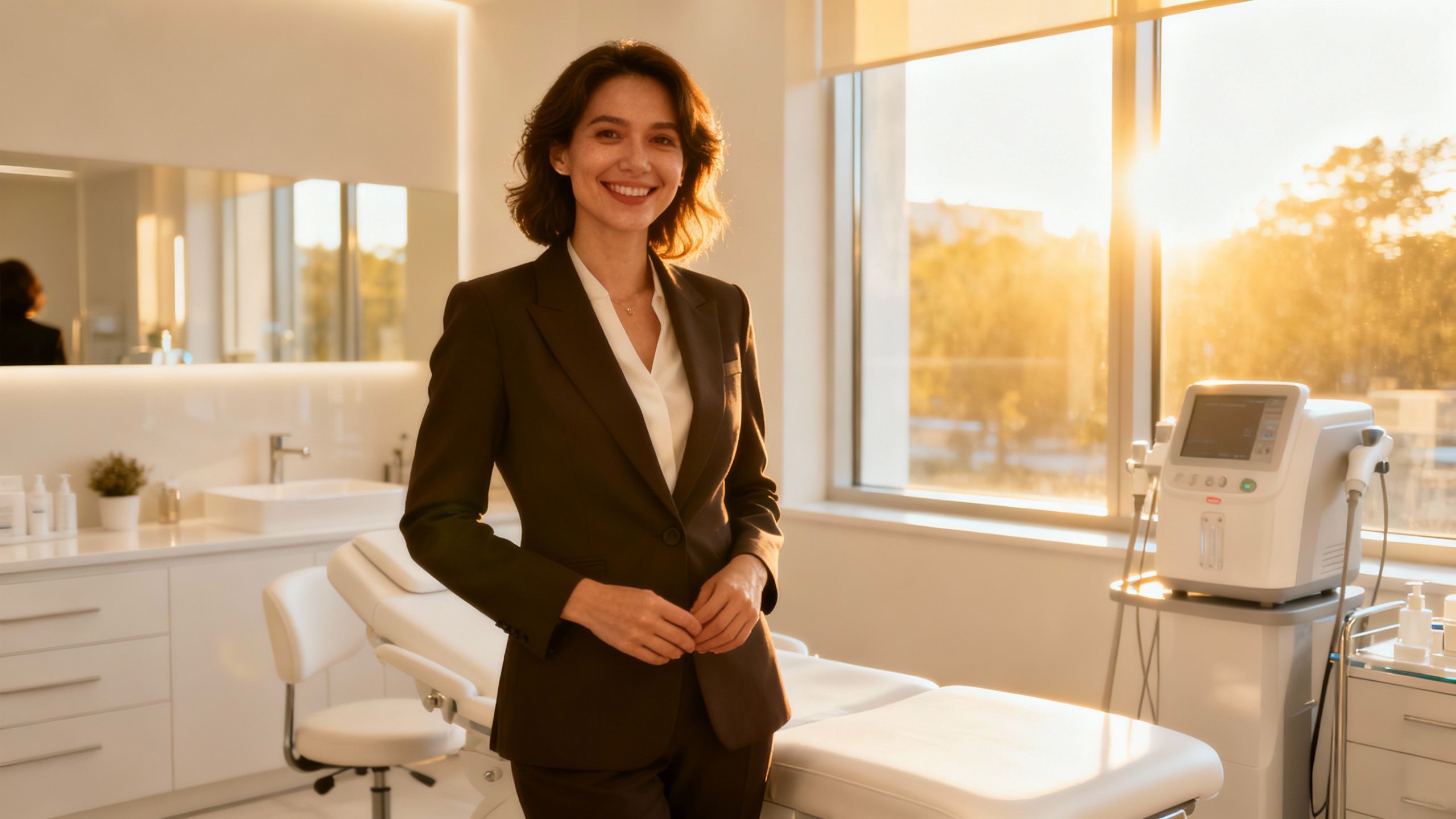 Aesthetic clinic owner in a modern, well-lit clinic room.