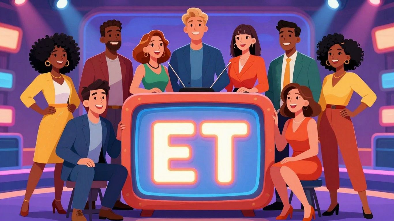 Entertainment Tonight hosts smiling around the ET logo.