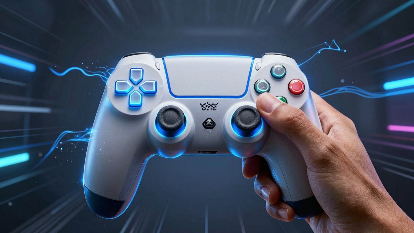 PlayStation-controller met gloeiend blauw licht, online gaming.