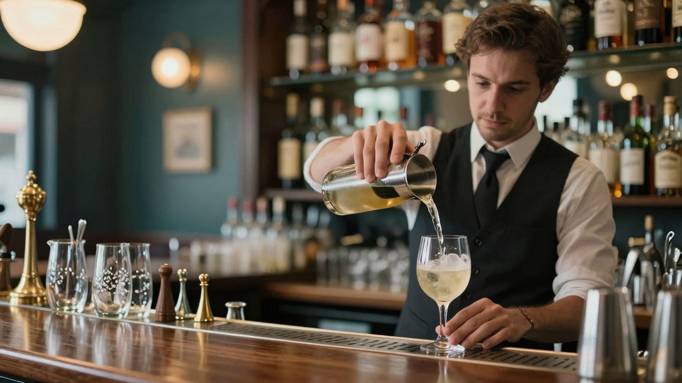 UK pub interior with bartender serving drinks.