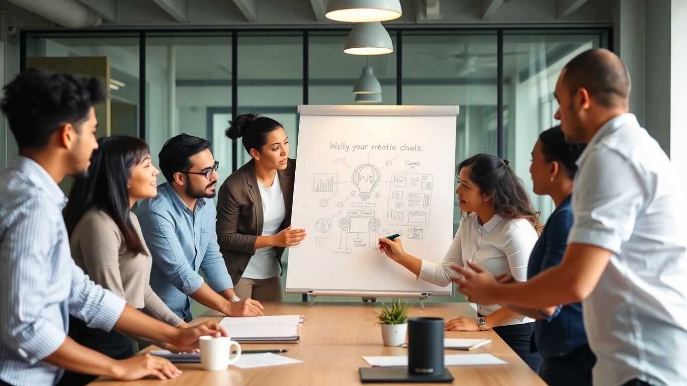 Team brainstorming and collaborating in a modern office.