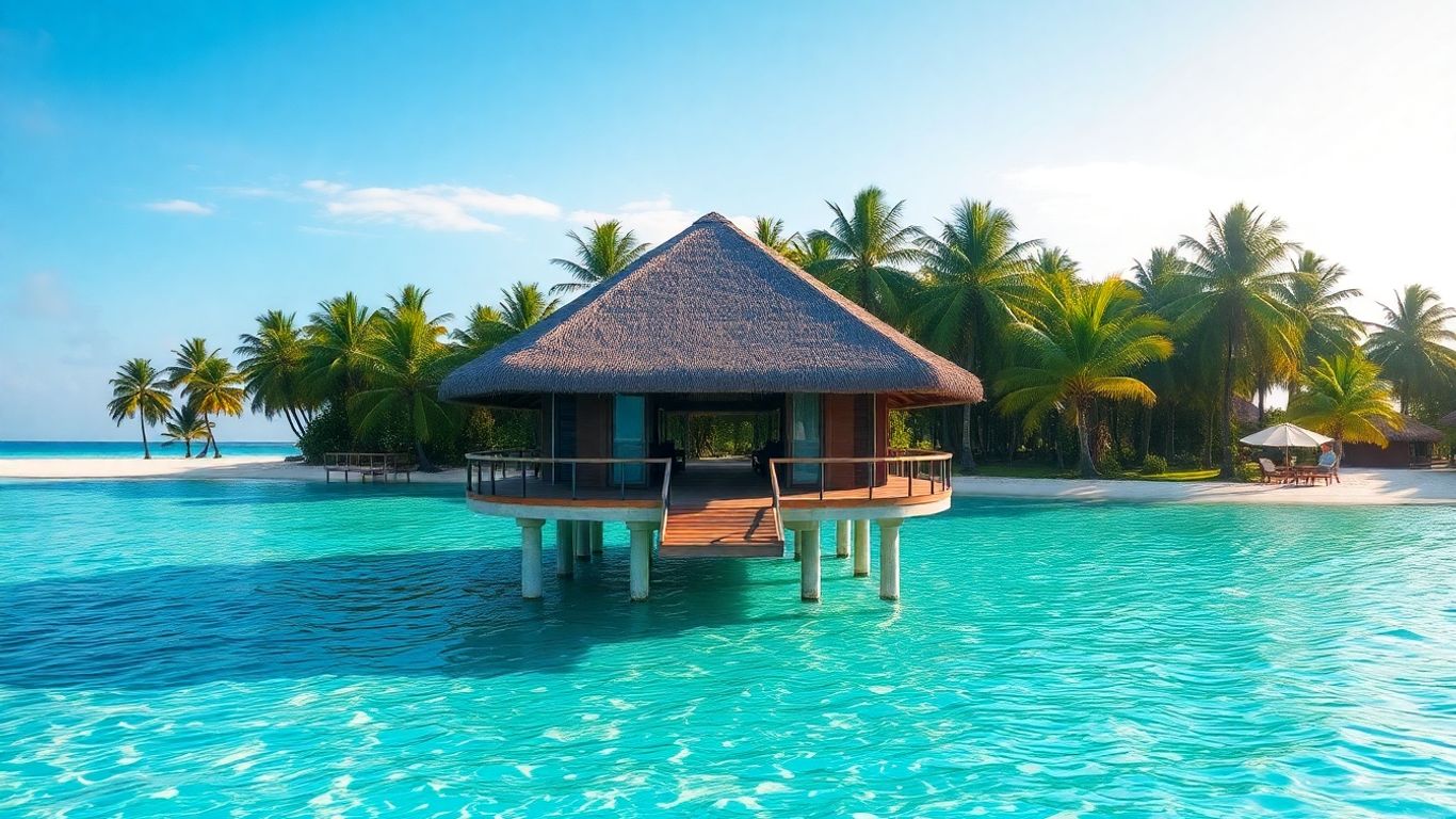 Overwater bungalow on a tropical lagoon with palm trees.