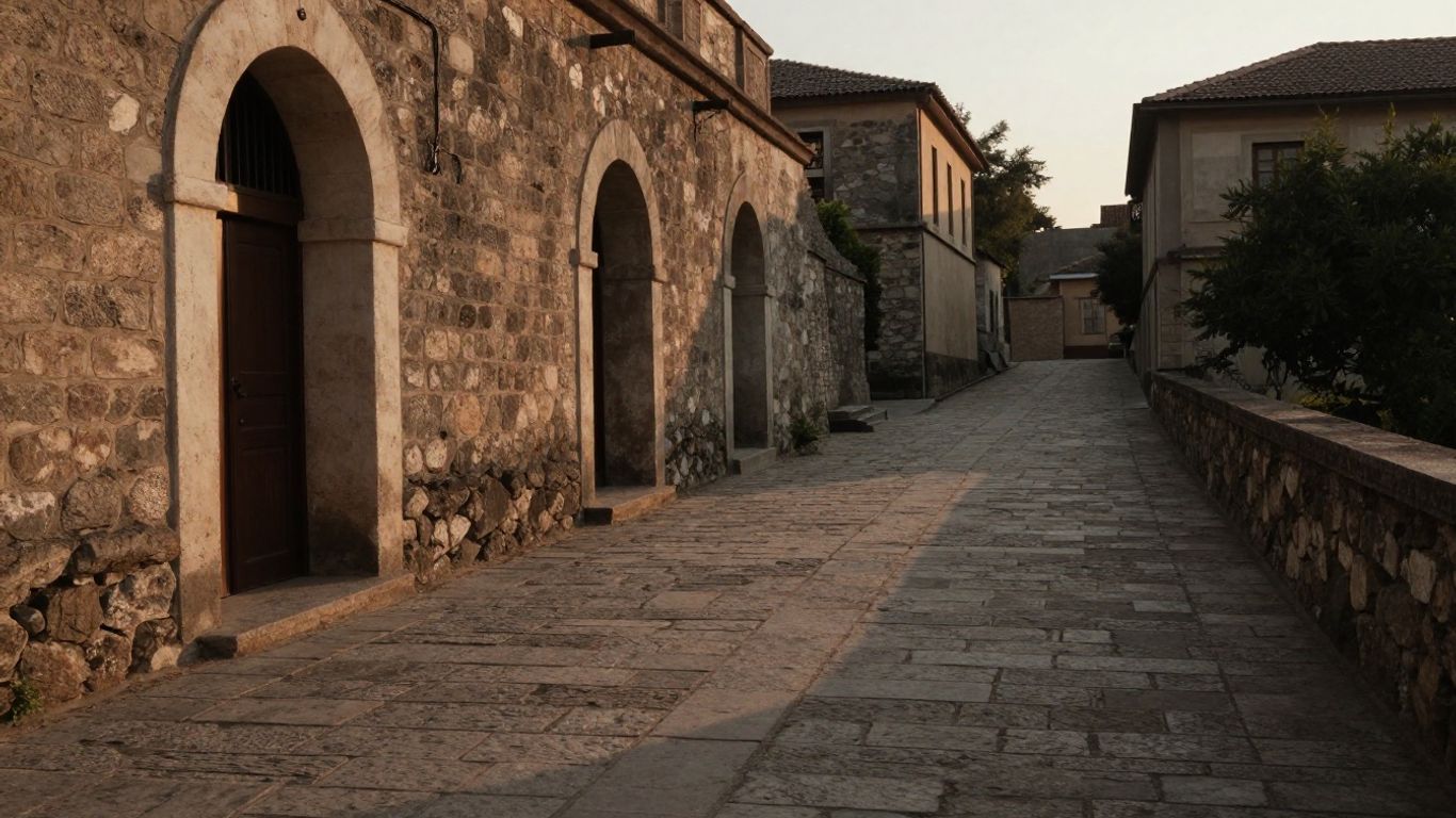 Via Dolorosa Pfad mit alten Gebäuden und Schatten.