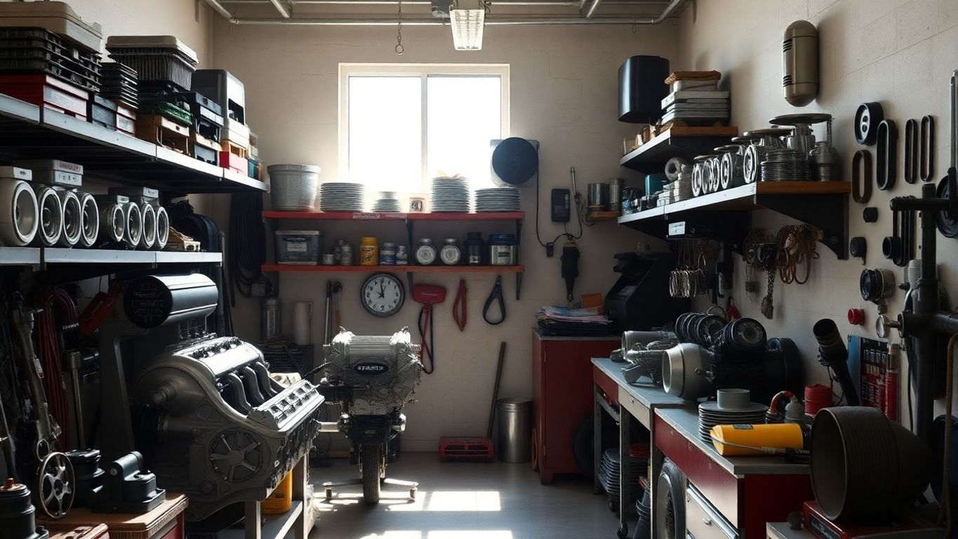 Mopar auto parts arranged in a workshop