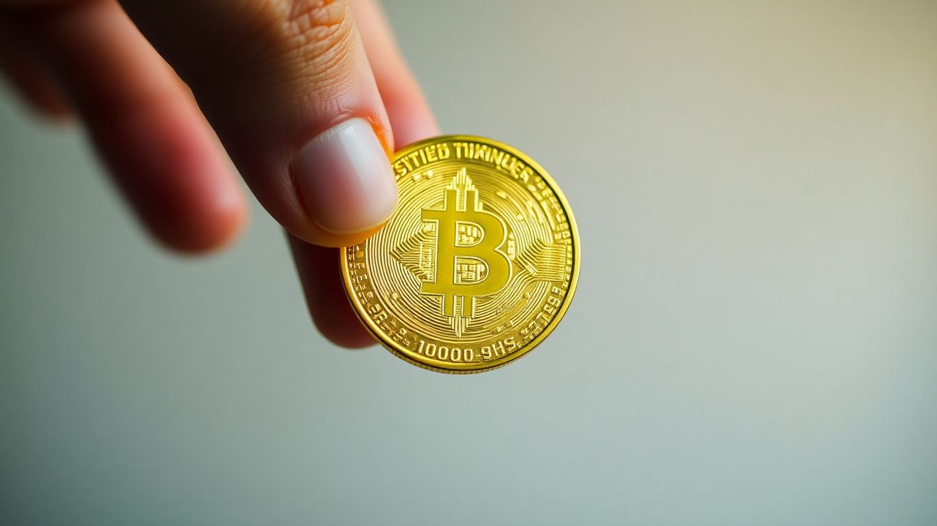 金色的手拿着一枚闪闪发光的金币。